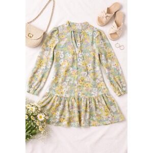 Glamorous Floral Long Sleeve Drop Waist Ruffle Mini Dress Yellow Pink Green US 6